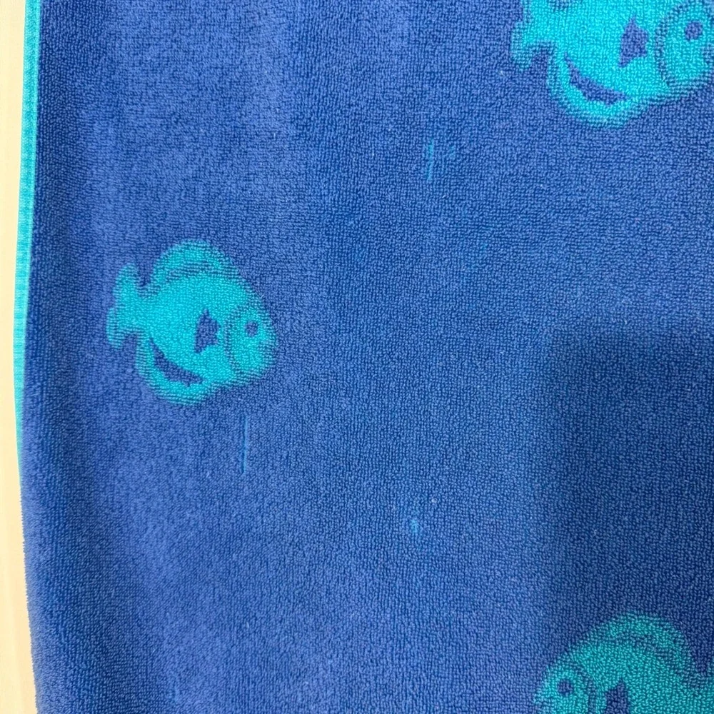 Vtg Reversible Beach Towel Blue Sailboat Fish Nautical 80s 90s Cotton Pool Large